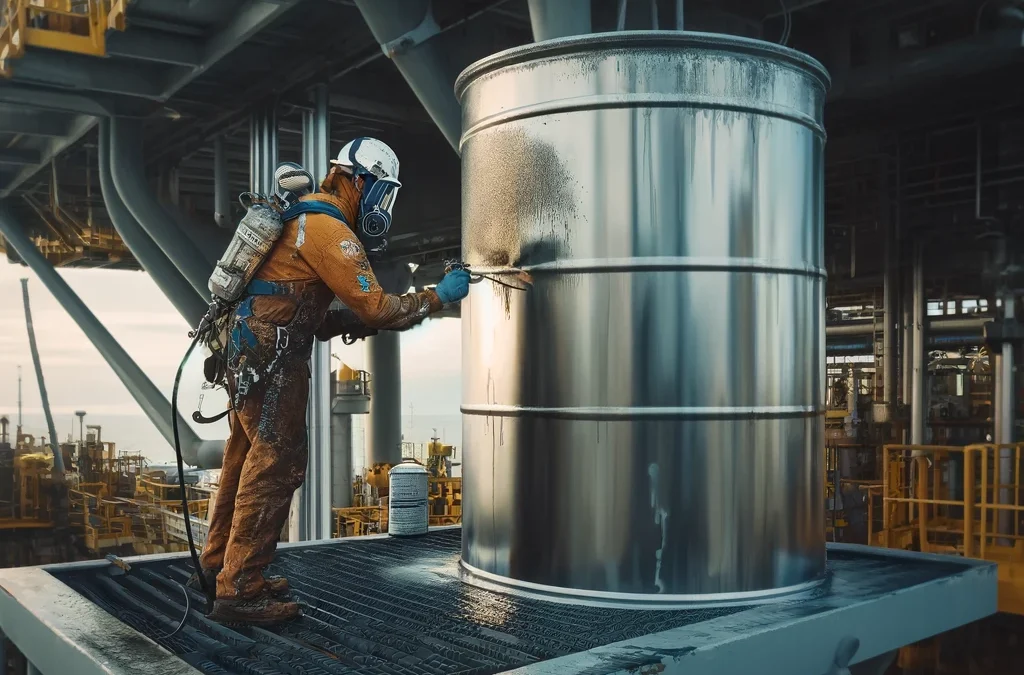Trabajador pintando una pieza oxidada en una plataforma petrolífera