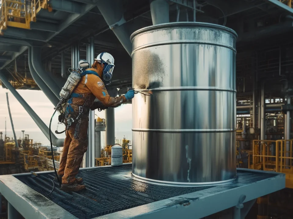 Trabajador pintando una pieza oxidada en una plataforma petrolífera